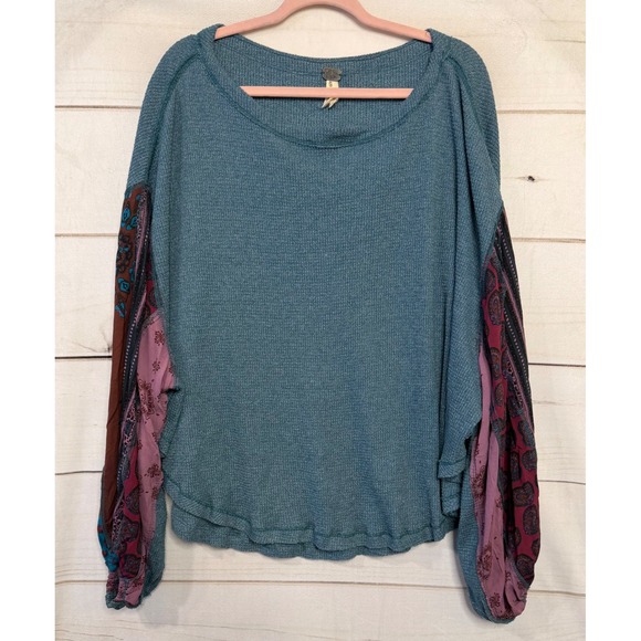 Free People Tops - Free People We The Free Teal Waffle Knit Patchwork Balloon Sleeve Thermal Top L